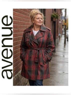 26/28 AVENUE Women’s Plus Plaid Double-Breasted Trench Coat with Belt